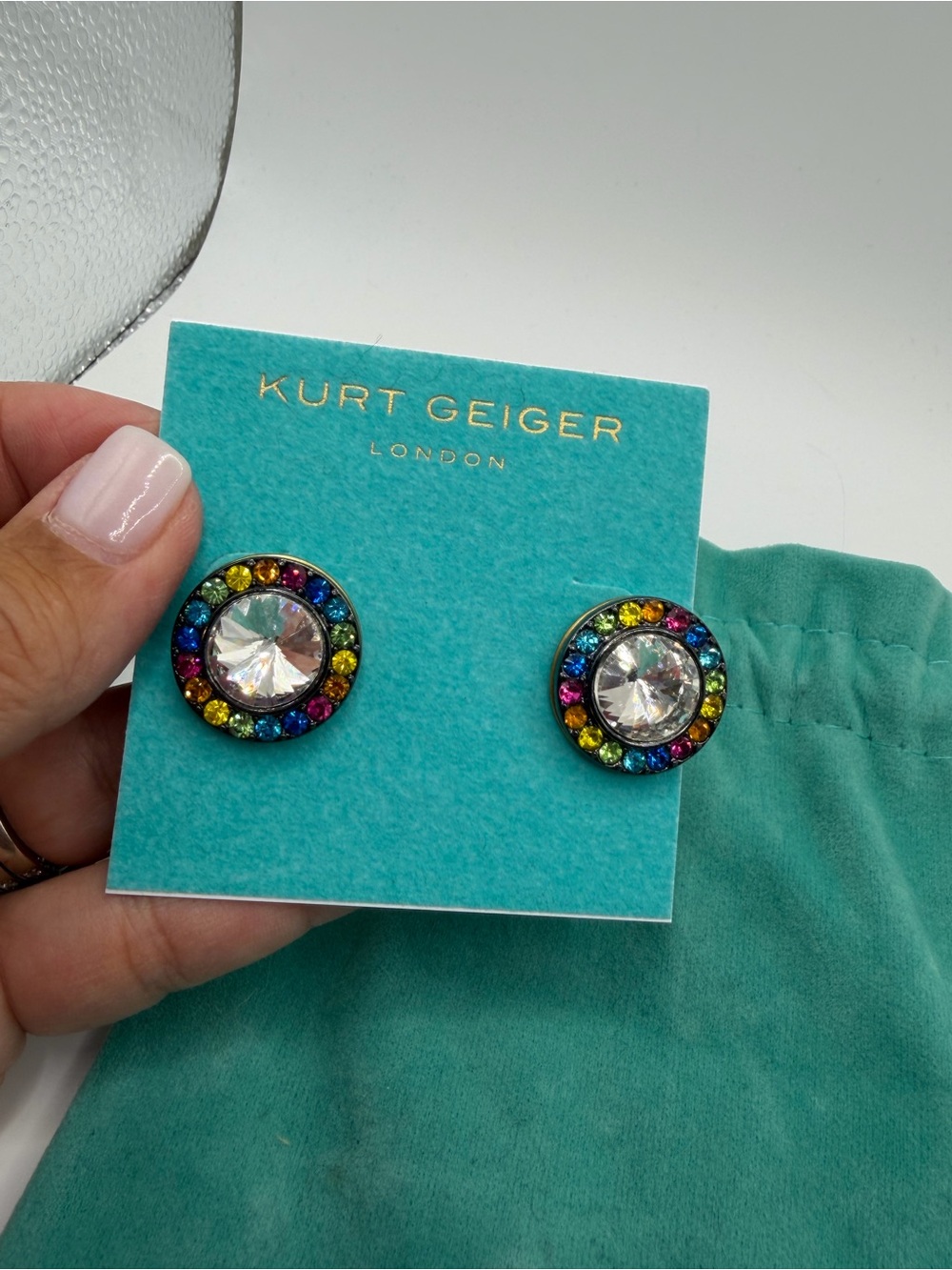 Kurt Geiger Teal Drawstring Pouch with Rainbow Crystal Button Earrings - Picture 3 of 3